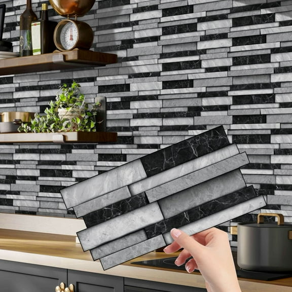 12Pcs Peel and Stick Waterproof Tiles Stickers 4.72 x 9.68inch Black Gray Mosaic Brick Marble Pattern DIY Wall Decals Self Adhesive Backsplash