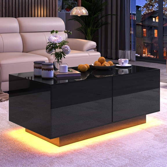 WelFurGeer 39.4" High Glossy Coffee Table with LED Lights, Rectangular Storage Center Table With 2 Large Drawers, Wooden Coffee Table for Living Room, Bedroom, Office, Black