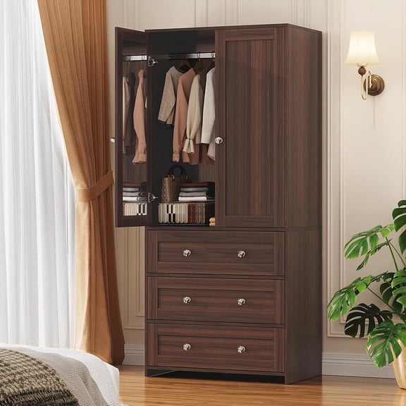 71 Inch Tall Armoire Wardrobe Closet with Drawers and Mirror, Large Wooden Clothing Storage Cabinet with Hanging Rod and 2 Doors, Bedroom Wardrobe Organizer