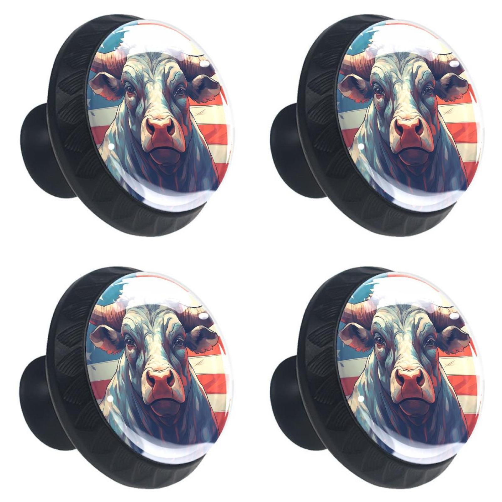 4 Pcs Cow American Flag Knobs for Kitchen Cabinet Cupboard Dresser Bookcase Drawer Pulls Handles Round Home Decor