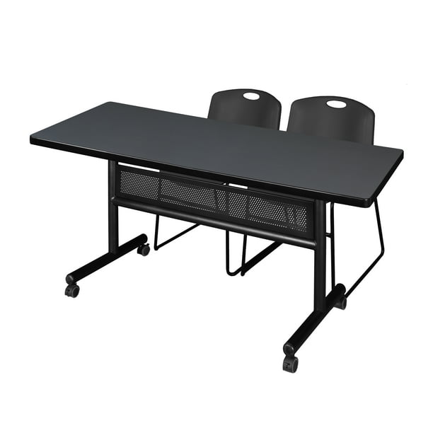 60" x 30" Flip Top Mobile Training Table with Modesty Panel Grey and 2