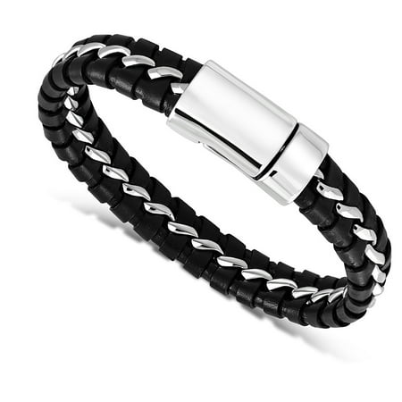Stainless Steel Silver-Tone Black Leather Braided Wristband Mens Bracelet,