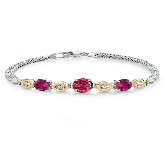 925 Silver and 10K Yellow Gold Pink Tourmaline and Red Created Ruby and White Lab Grown Diamond Bracelet for Women (1.91 Cttw, Gemstone October Birthstone, Oval, Wheat Chain, 6.5 inches)