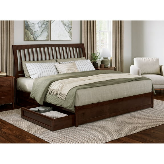 Roslyn King Platform Bed with Panel Footboard & 2 Storage Drawers in Walnut