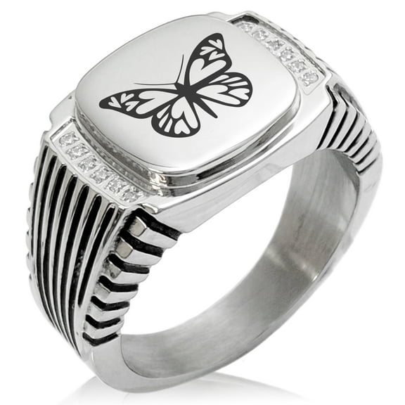 Stainless Steel Love Butterfly CZ Ribbed Needle Stripe Pattern Biker Style Polished Ring