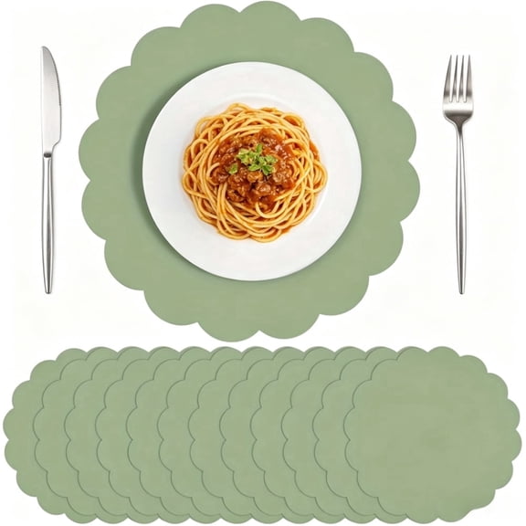30 Pcs Sage Green Placemats, 13.5in Disposable Scalloped Placemat Round Table Place Mats Decorative Paper for Birthday Wedding Bridal Shower Banquet Tea Party