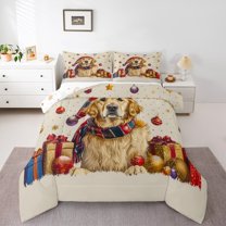 Manfei Cartoon Xmas Dog Bedding Comforter Set for Child, Christmas Gifts Ball Twin Comforter Sets, Gold Stars Print Reversible Bedding Set, Breathable Home Decor, 2pcs