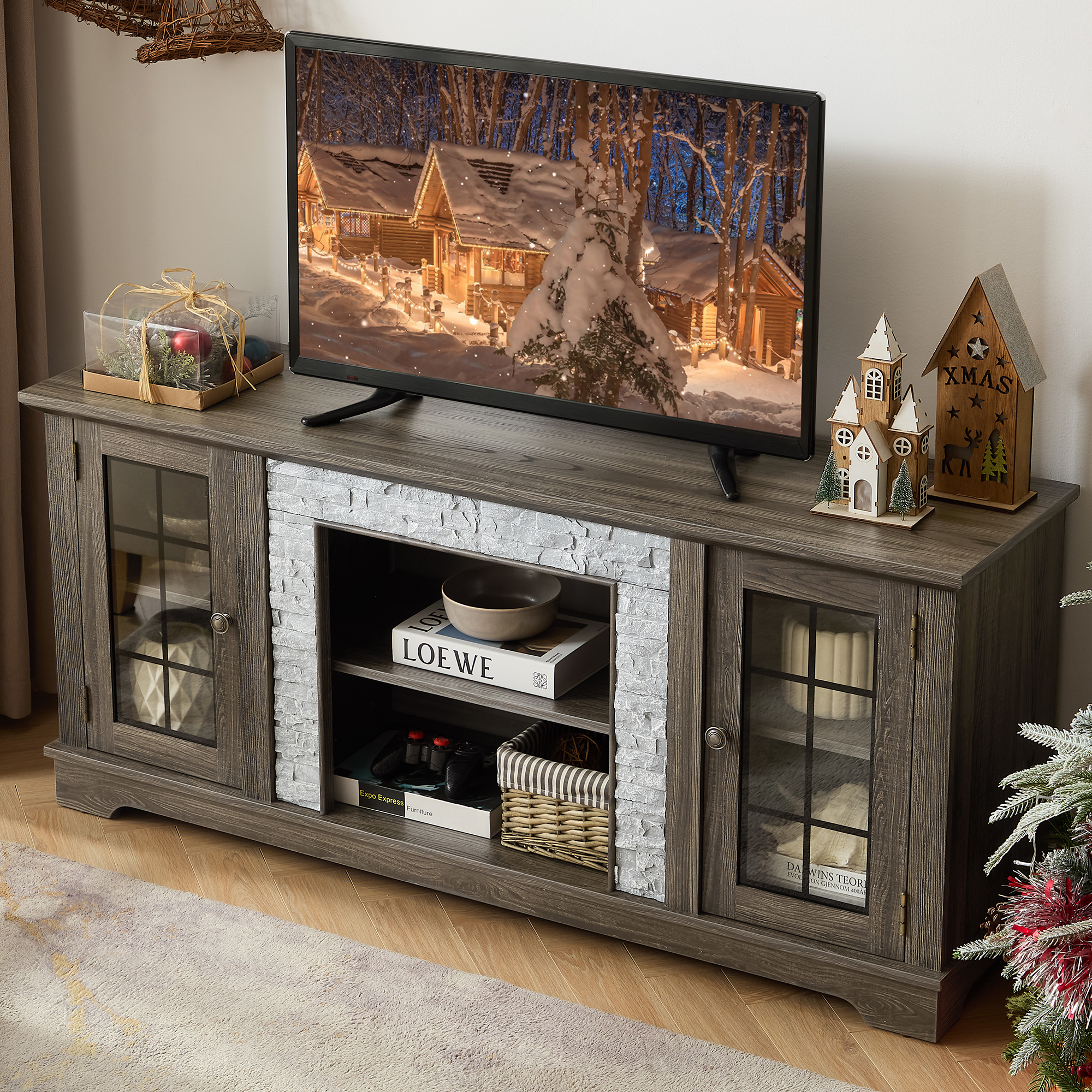 HIUU Farmhouse Gray TV Stands for Living Room,Faux Stone Media Console,Large Entertainment Center with Storage,Entertainment Stand,TV Consoles for Living Room