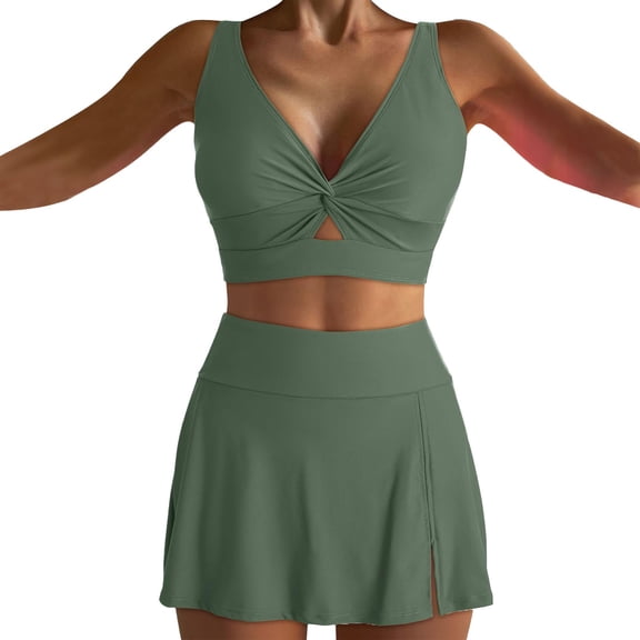 MSJUHEG Bathing Suit with Shorts,Ruched Skirt Bathing Suit,One Piece Swimdress,Swim Dress,Bathing Suit with Skirt,Swimsuit with Skirt,Swimsuit Dress Army Green L