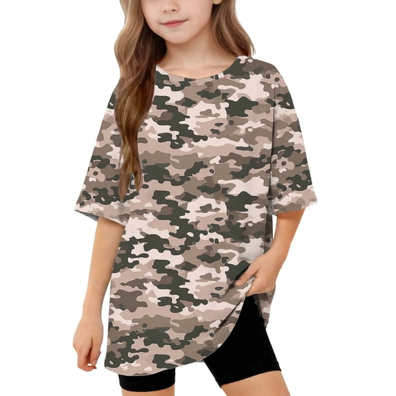Virmaxy 5-15 Years Camo Print Loose Fit T Shirt Crew Neck Short Sleeve Summer Tee Breathable Casual Oversized Top for Everyday Activities