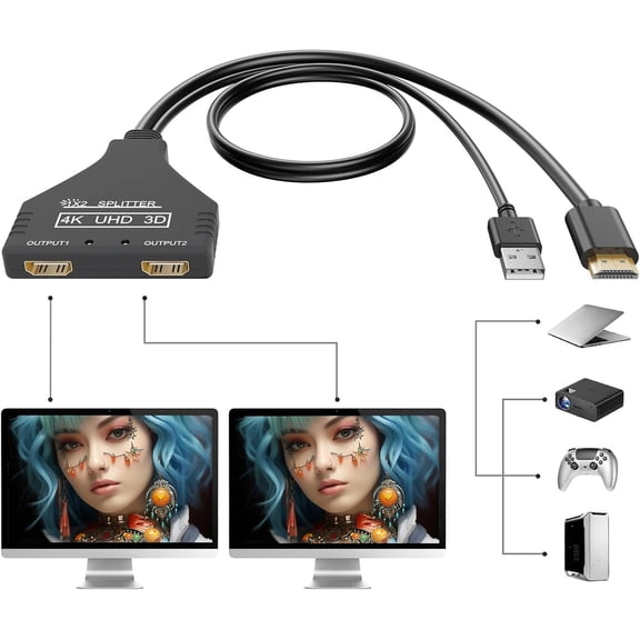 HDMI Splitter 1 in 2 Out 4k 30hz HDMI Cable 2.0 Male to Dual Female with Power USB Cable for HD, LED, LCD, TV Dual Monitors Duplicated-Mirror Support 1080P 3D Full HD