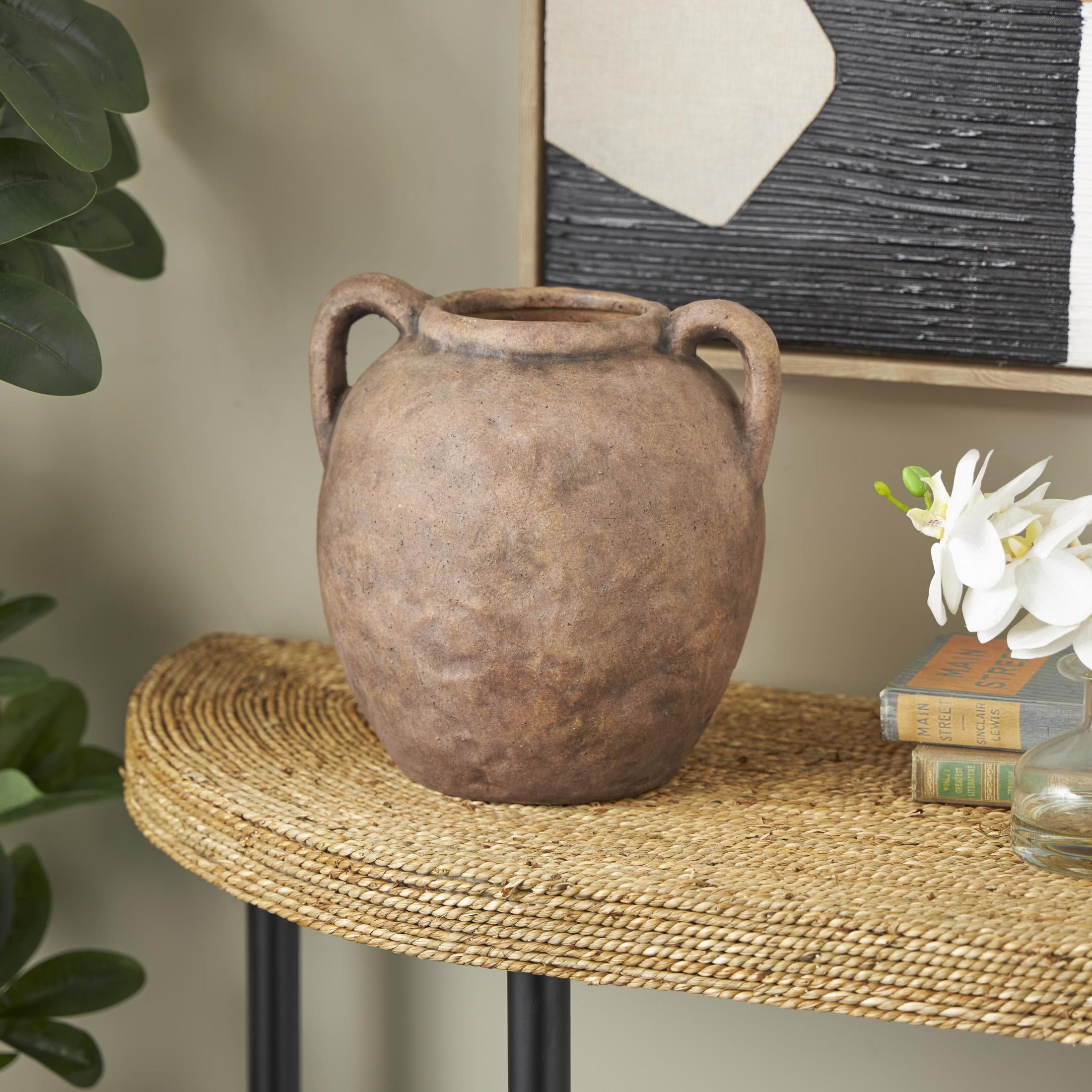 DecMode 10" Antique Style Textured Brown Ceramic Vase with Handles