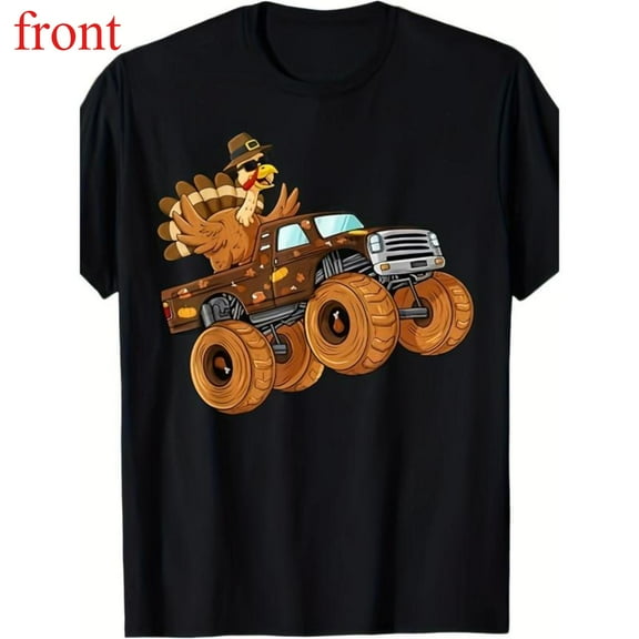 Men's Black T-Shirt Graphic Tees "Turkey Driving Monster Truck" Thanksgiving Humor Design Shirts S-5XL Casual Daily Tops