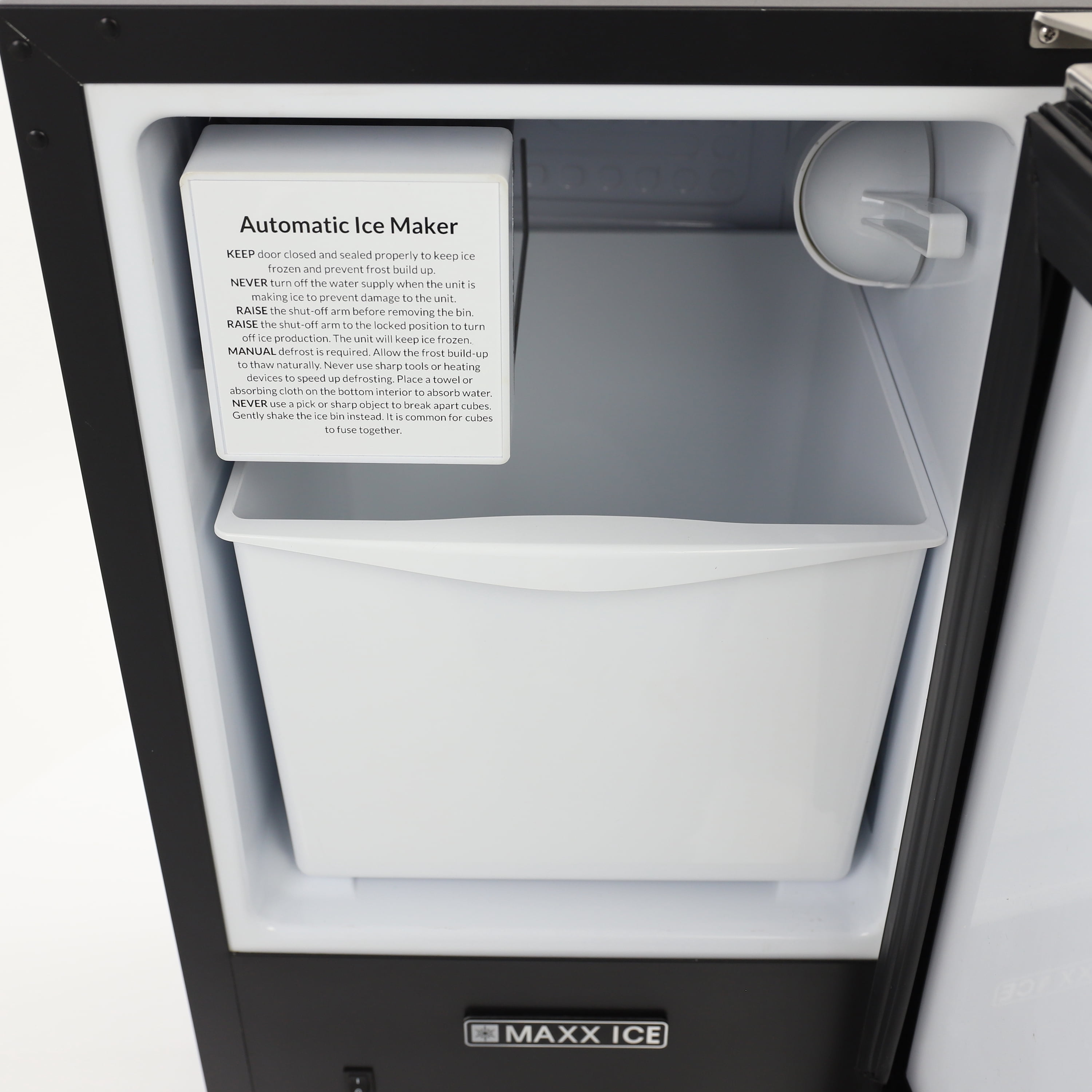 Maxx Ice Shallow Depth Indoor Built-In Undercounter Ice Maker, 15", 25 lbs, Crescent Ice Cubes, 22 lb Ice Storage Bin, in Stainless Steel (MIM25C)