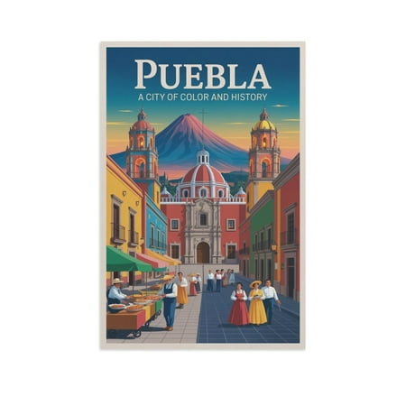 Vintage City Travel Poster of Puebla with Church Domes And Lively Street Market Print Poster