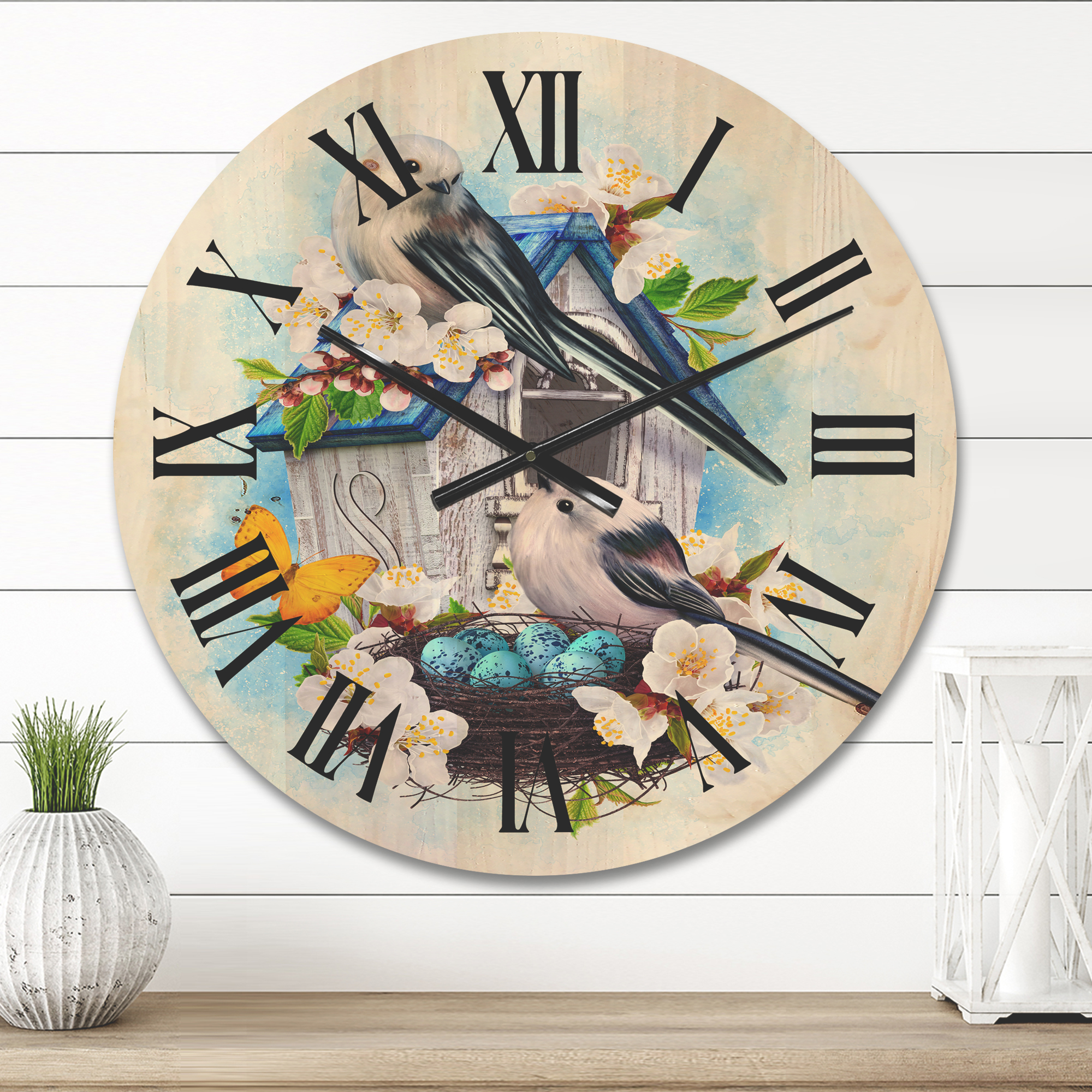 Designart 'Two Tit Birds Sitting Near The Nest With Eggs and White Flowers II' Traditional Wood Wall Clock