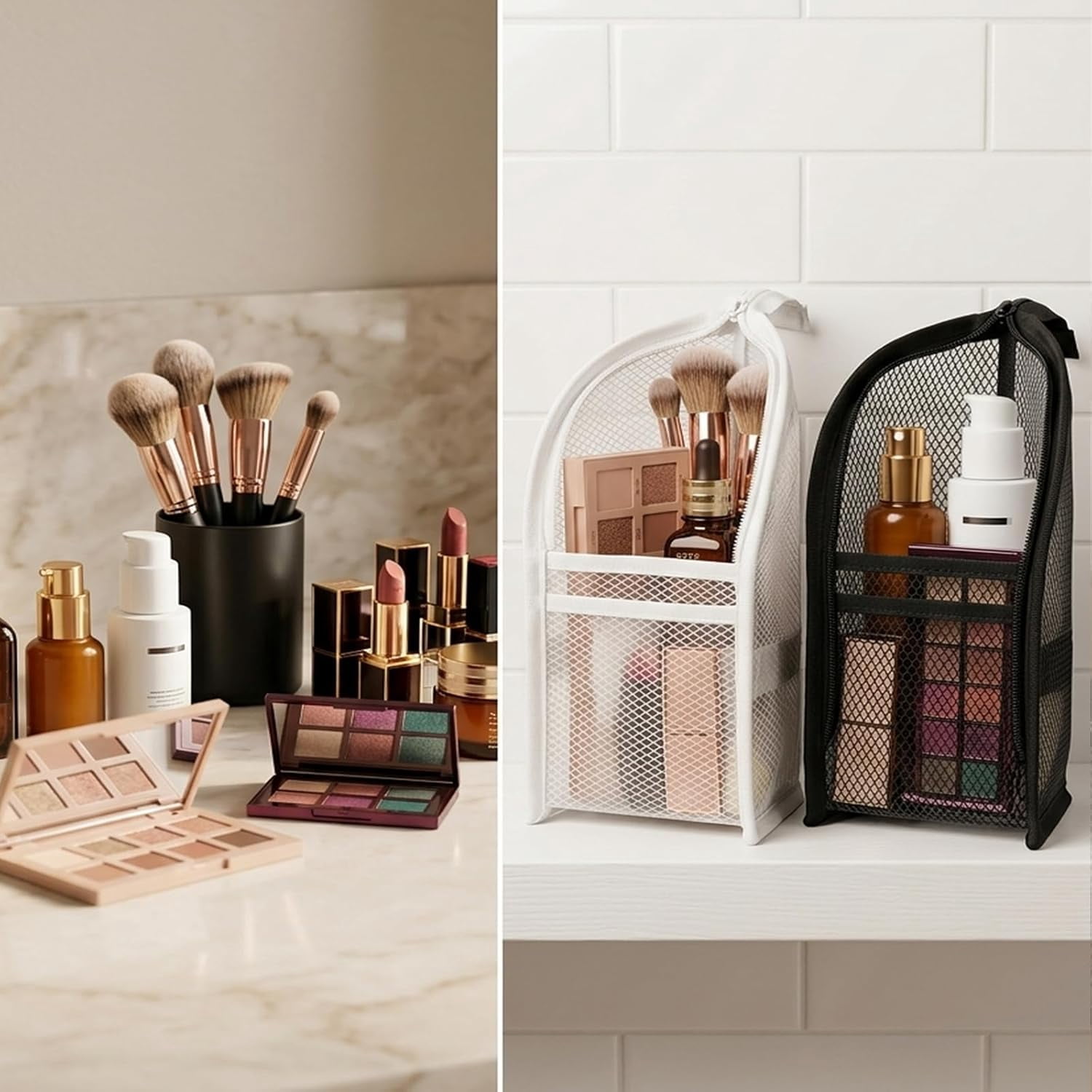 2Pcs Standing Toiletry Bag, Waterproof Translucent Cosmetic Bag, Leakproof EVA Travel Organizer for Bathroom, Gym and Outdoor Trip (2Pcs, Black & White)