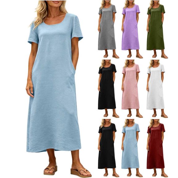 Bxsruta Womens Casual Maxi Dress Short Sleeve Scoop Neck Loose Flowy T-Shirt Dresses with Pockets