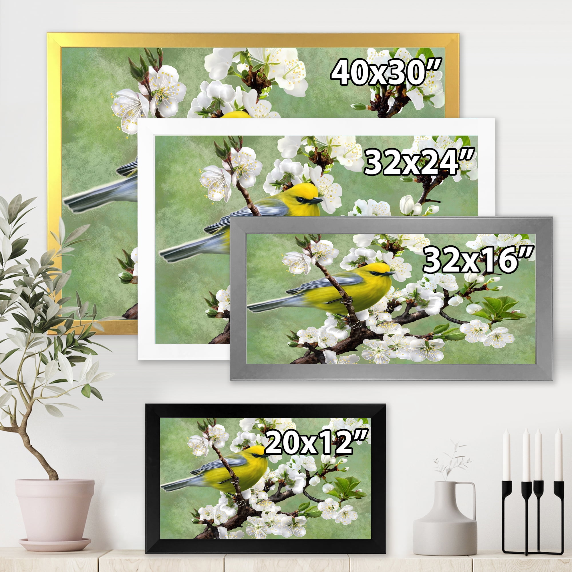 Designart 'Bird Sitting On A Branch of Cherry' Traditional Framed Art Print