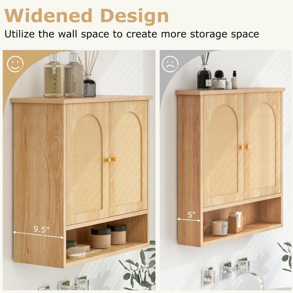 Finihen Wall Cabinet, Wall Mounted Cabinet, Medicine Cabinet, Medicine Cabinet with 2 Rattan Doors for Laundry Room Kitchen Entryway Bathroom, Natural