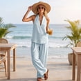 thumbnail image 4 of Linen Sets for Womens 2 Piece Outfits Casual Minimalist Halter Neck Top and High Waisted Wide Leg Pants Travel Matching Sets, 4 of 8