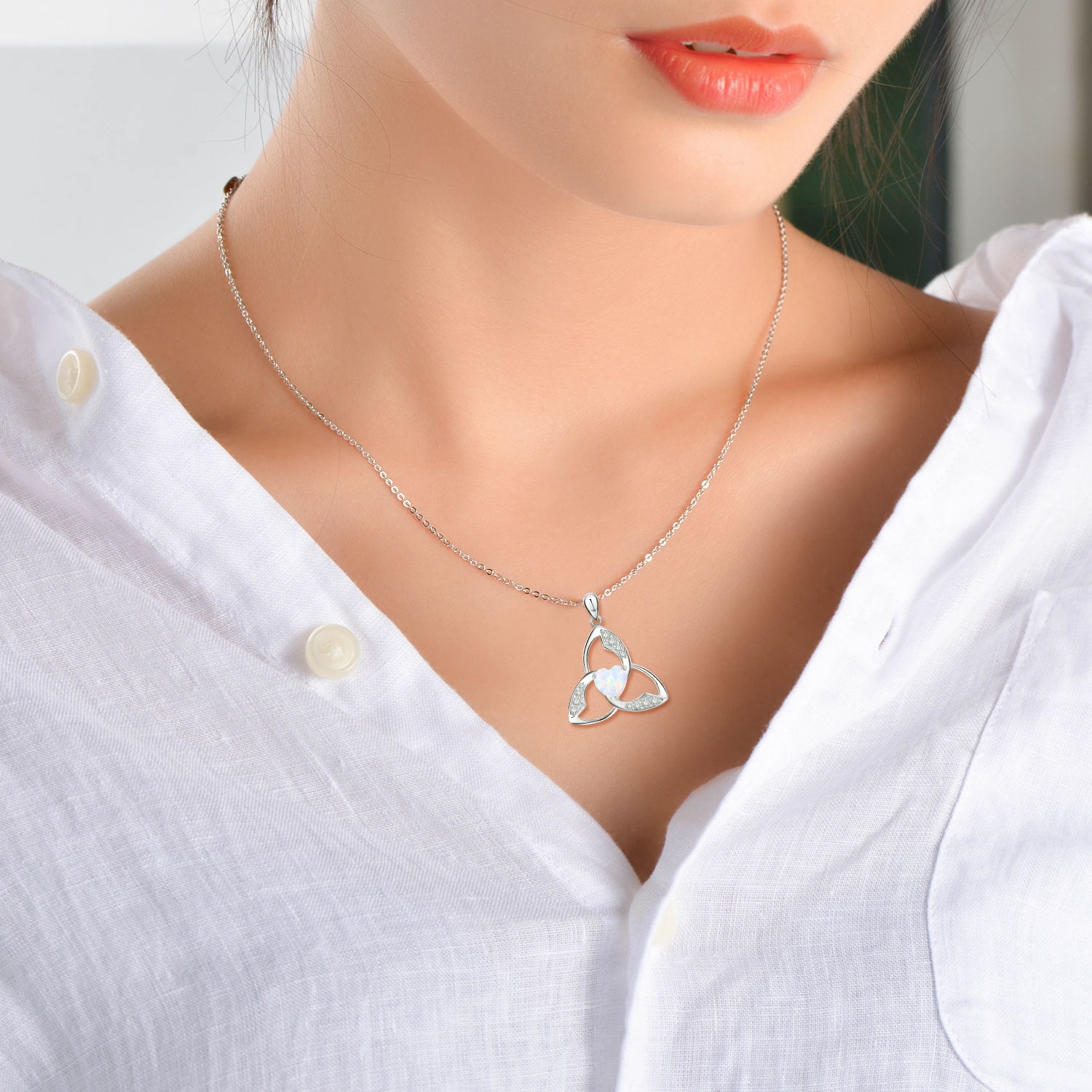 Coachuhhar Celtic Trinity Knot Necklace 925 Sterling Silver Heart Opal Irish Necklace Good Luck Triangle Pendant Necklace Opal Jewelry Gifts for Women