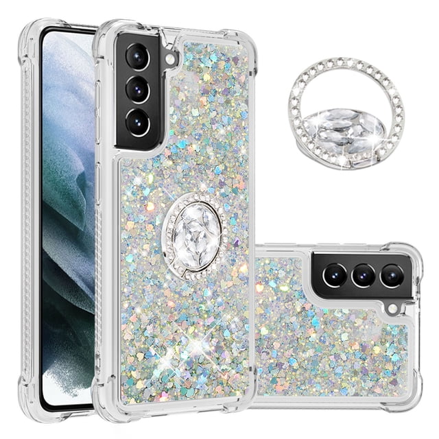 Funda para Samsung Galaxy S21 Plus 5G con Brillo Líquido Flotante, Purpurina, Parachoques y Anillo Giratorio Soporte