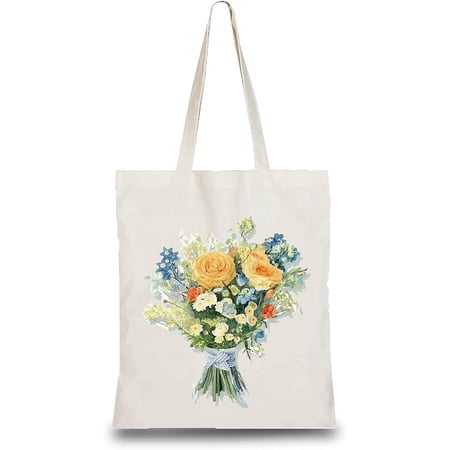 1 pc Cotton Tote Bag Canvas Grocery Yellow Rose Flower Bag Lightweight Reusable Eco-Friendly DIY Craft Multi-Function Pouches for Crafts Shopping Groceries Christmas Gifts 13.3x15 inch