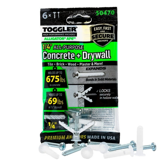 TOGGLER Alligator AF6 Flanged Anchor with Screws, Polypropylene, Made in US, for #6 to #12 Fastener Sizes 6