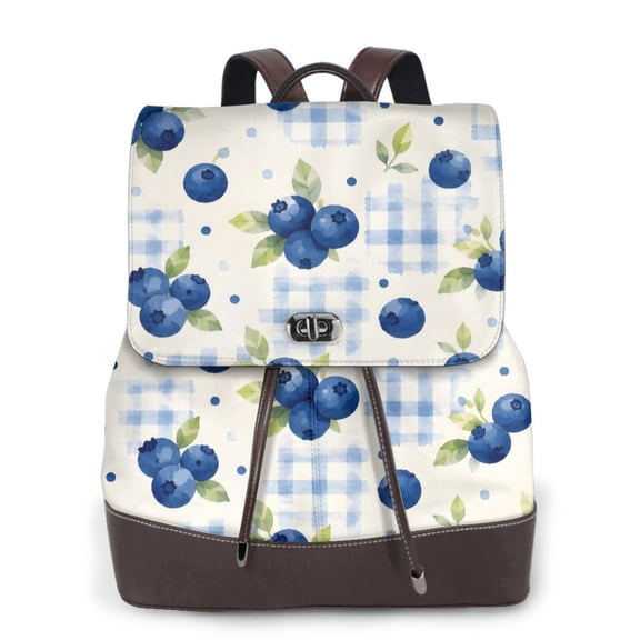 Blueberry Plaid Women's Leather Backpack All-Over Print Bag for Work and Travel