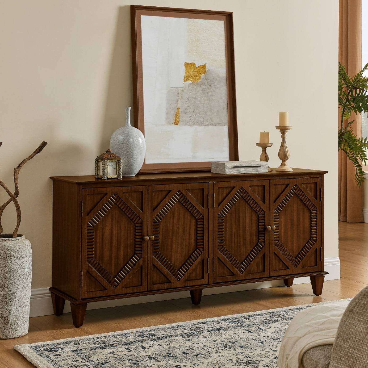 Mid Century Modern 65.2" Sideboard Buffet Cabinet with Storage, Geometric Accent Console Table, Wine Bar Cabinet for Living Room, Entryway, Kitchen, Walnut