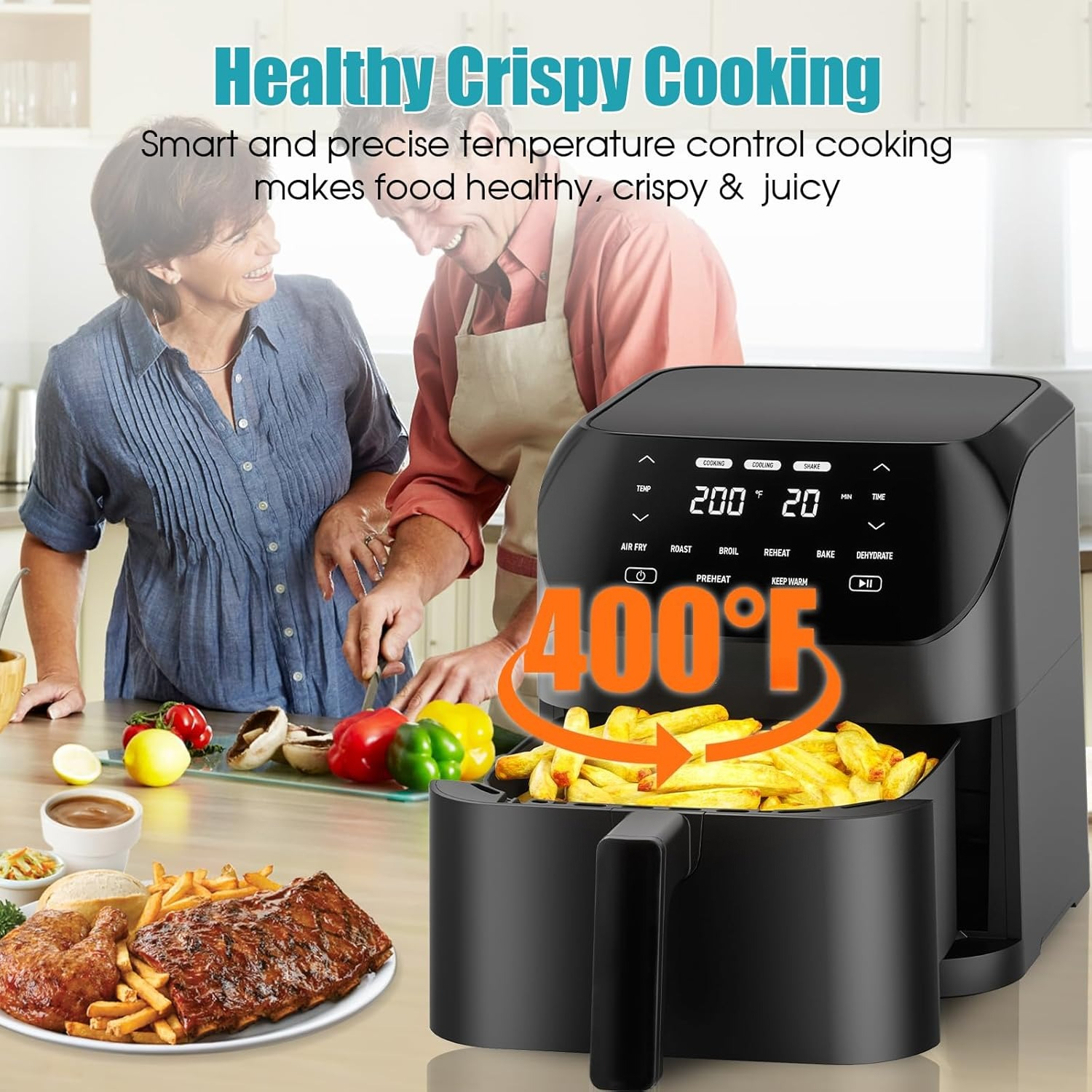 Air Fryer 6.2 QT Large Capacity Oilless Hot Air Fryers Oven 1500W Healthy Cooker with 8 Presets, Digital LCD Touch Screen, Visual Cooking Window, Non-Stick Basket, Included Recipe