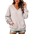 thumbnail image 3 of VV AVEORS Womens V Neck Sweatshirt With Pockets Hoodless Hoodies Fleece Pullover Dressy Casual Loose Fit Long Sleeve Tops Beige 2XL, 3 of 9