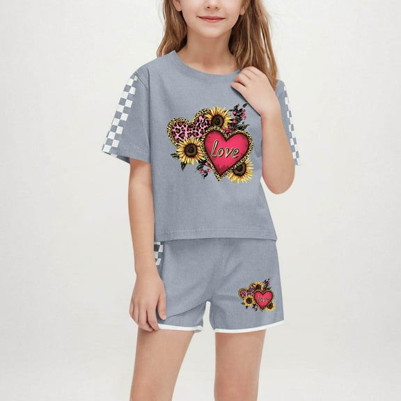 Spazoro Little & Big Girls Cute Outfit Sets, Crew Neck 2-Pieces Graphic Print Summer Short Sleeve Shirt and Shorts Sets Gray Size 9 T