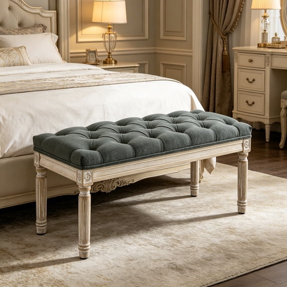 French Vintage Entryway Bench, Linen Fabric Tufted Bench, Upholstered End of Bed Bench with Brushed Wood Legs, Dark Grey
