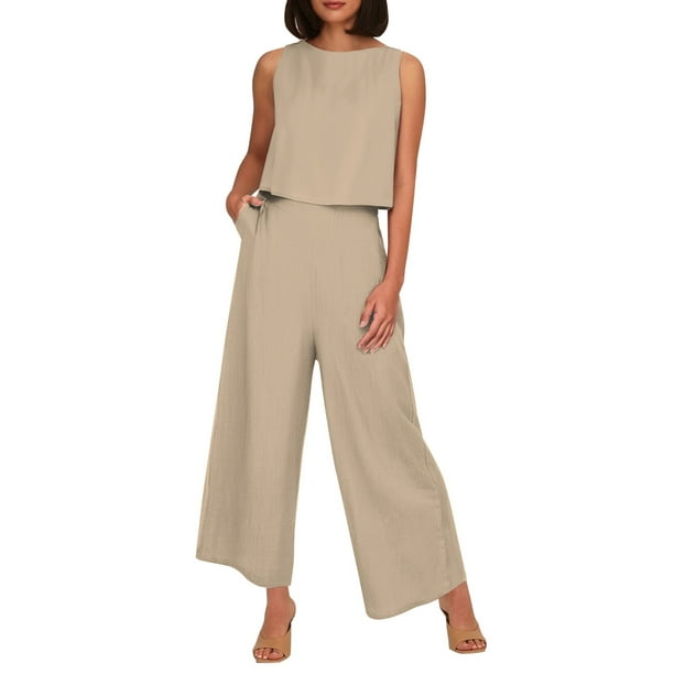 Conjunto de dos piezas de lino liso para mujer: chaleco sin mangas y pantalones de cintura alta y pierna ancha, bolsillos laterales, ropa informal de verano - Tallas S-XXXXL