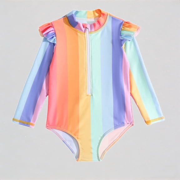 REDARER Baby Girls' Long-Sleeve Swimsuit – Rainbow Striped Design Zipper Front & Ruffle Shoulders, Full-Cover Beach Bathing Suit,12-18 Months
