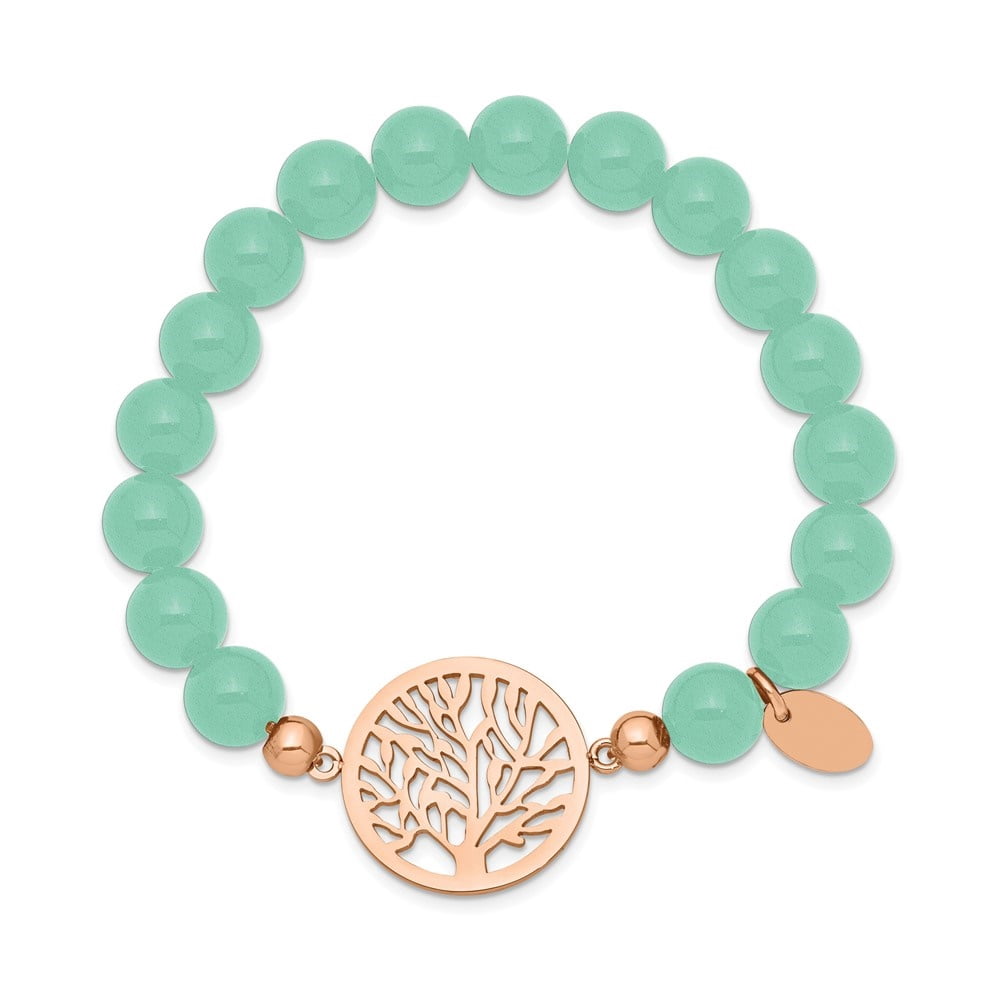 Diamond2Deal Stainless Steel Rose IP-Plated Tree of Life 8mm Green Dyed Jade Beaded Stretch Bracelet for Women 6"