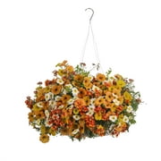 Angle View: 10 in. Afternoon Mirth Combination Hanging Basket, Live Plants, Orange, Red & White Flowers