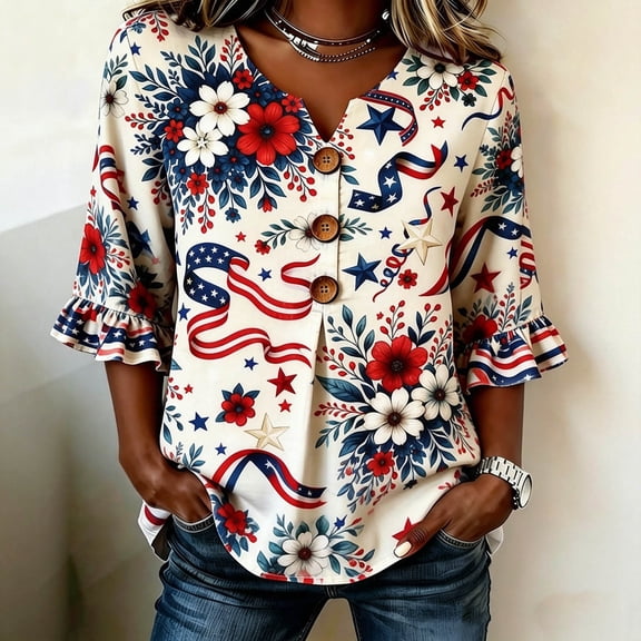 SOFTCCLO 250 Anniversary USA shirt Women 3/4 Sleeve V Neck Patriotic Graphic Tee 250th Anniversary Button Up Summer Casual Top Beige L