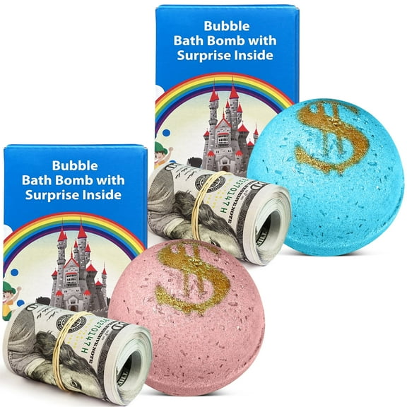 2 Bath Bombs Set with Money Surprise Inside - Bill Up to $100 Bill in Each - Natural and Organic Ingredients - Made in USA