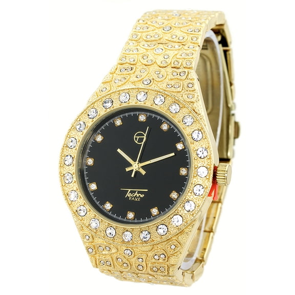 Men's heavy gold tone Nugget clubbing watch Black dial 43 mm case.