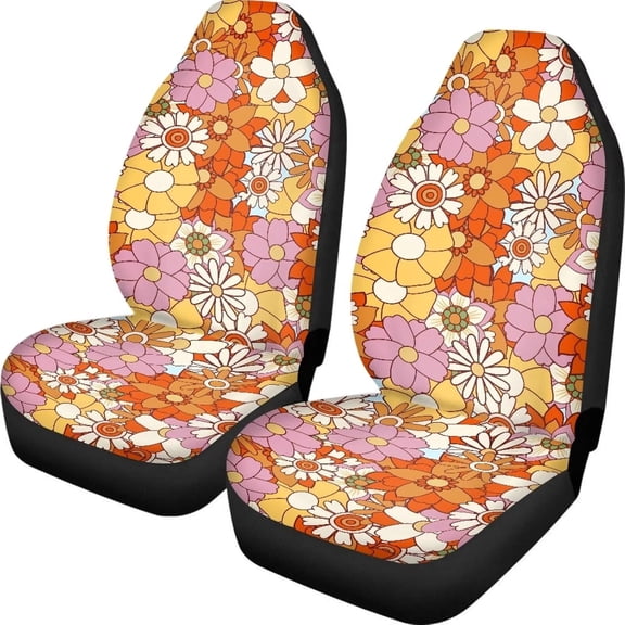 Verolix 2 Pack Front Car Seat Covers, Mesh Fabric Breathable Auto Seat Protectors, Pink Orange Retro Floral Print Universal Fit for Car SUV Truck Sedan Van