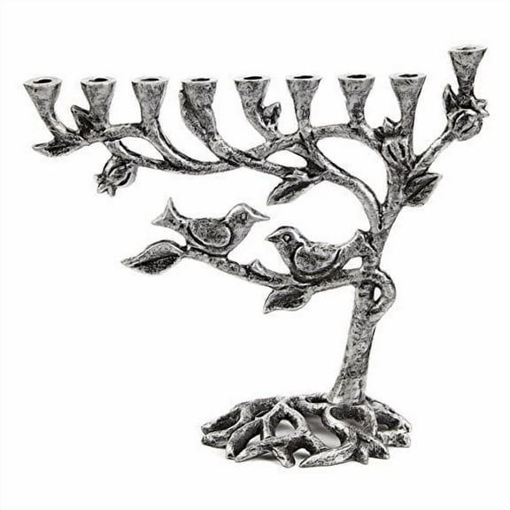 Ner Mitzvah, 7.5" Artistic Aluminum Candle Hannukah Menorah - Tree Of Life Design (Silver)