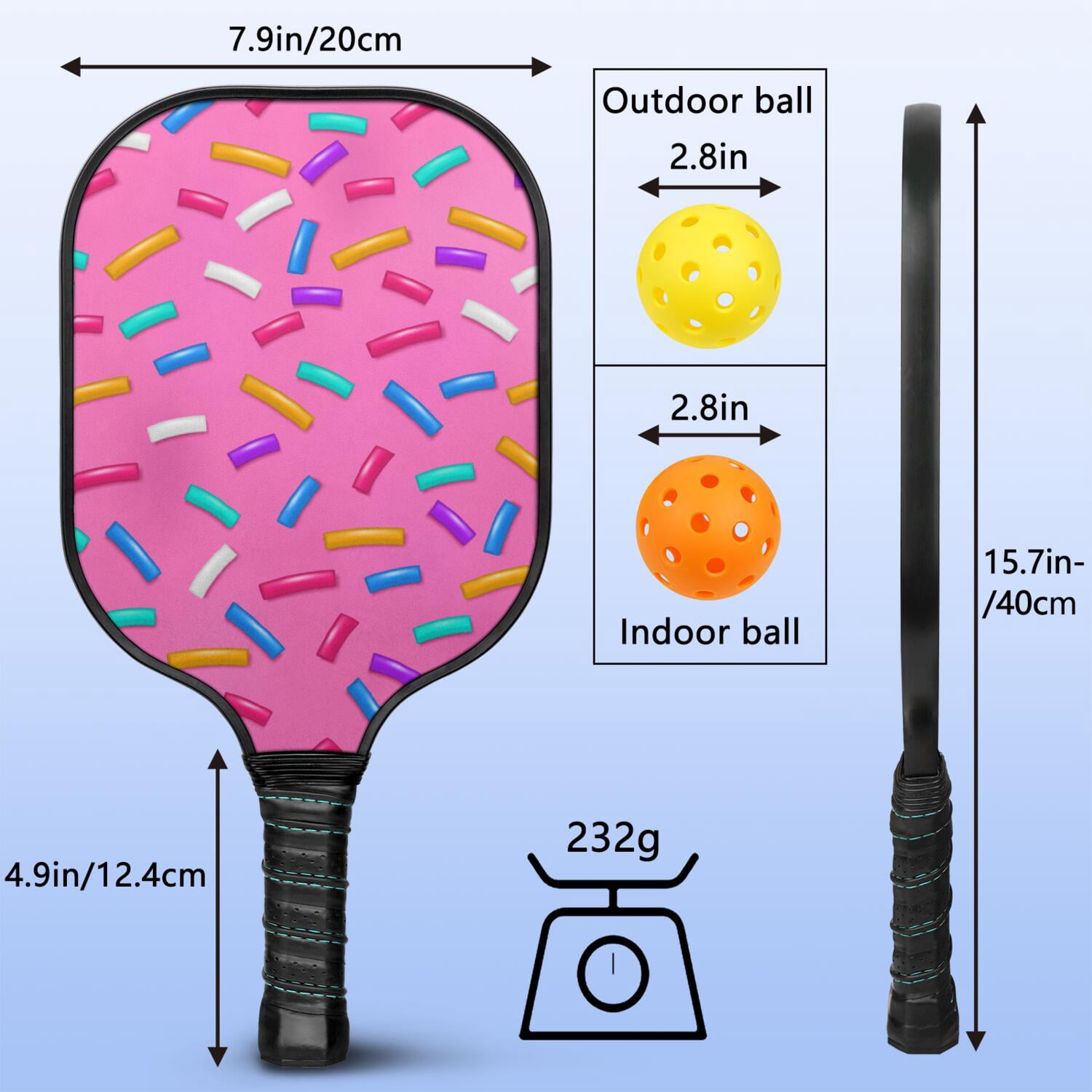 Pickleball Paddles Set Of 1, Fiberglass Surface, Sweet Candy Print, 1 Paddle, 2 Balls & Bag