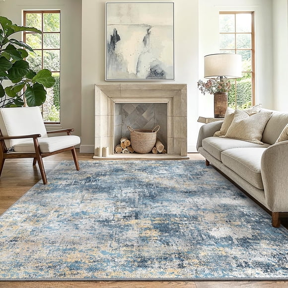 5x7 Area Rugs for Living Room and Bedroom, Machine Washable Non Slip Low Pile Lightweight Rugs, Indoor Abstract Texture Print Pattern Floor Rug, Dusty Blue