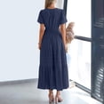 thumbnail image 7 of Qiopertar Women's V-Neck Short Sleeve Midi Dress Pleated Boho Beach Casual Summer Vacation Elastic Waist Pockets Solid Color Dresses, Navy L, 7 of 7
