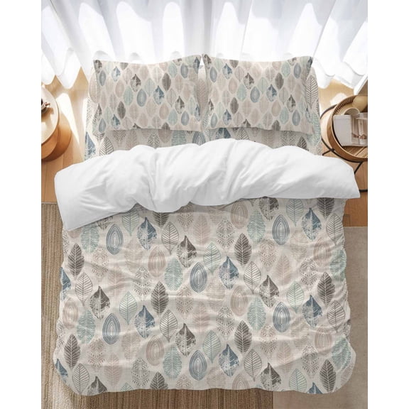 Leaves Specimens Bedding Duvet Cover Set Twin Size 4 Pieces Blue Khaki Teal Grey Burlap Background Bedding Set with Zipper Closure, 1 Comforter Cover 68x86 Inches 1 Flat Sheet & 2 Pillow Cases