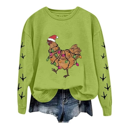 Fshinging Hoodie Sweatshirt For Women Christmas Chicken Printed Long Sleeve Crew Neck Slim Fall Winter Clothes