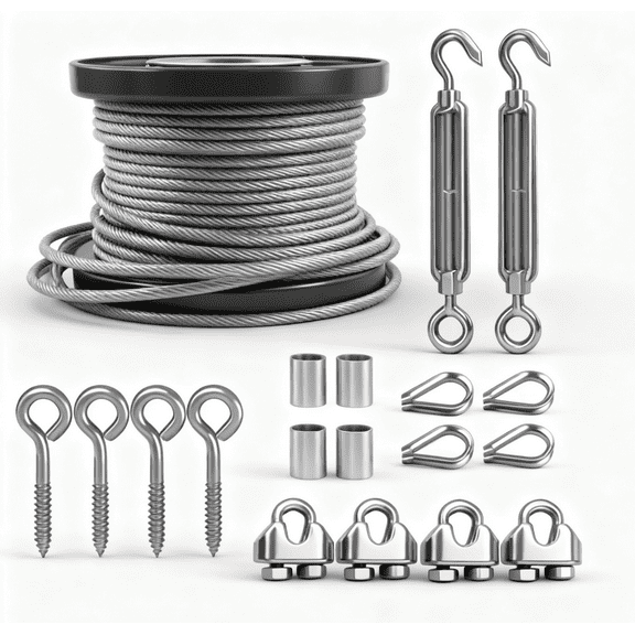 3/16 Wire Rope Kit, 200ft Vinyl Coated Stainless Steel Cable, M6 Turnbuckles for Cables Wire, String Light Hanging, Clothesline, Shade Sail